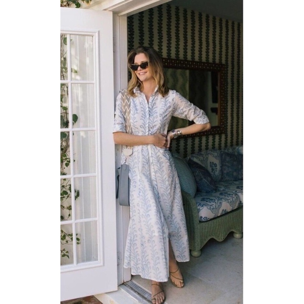 Julia Amory JA Julia Maxi Shirt Dress Blue White Cotton Vines Block Print L